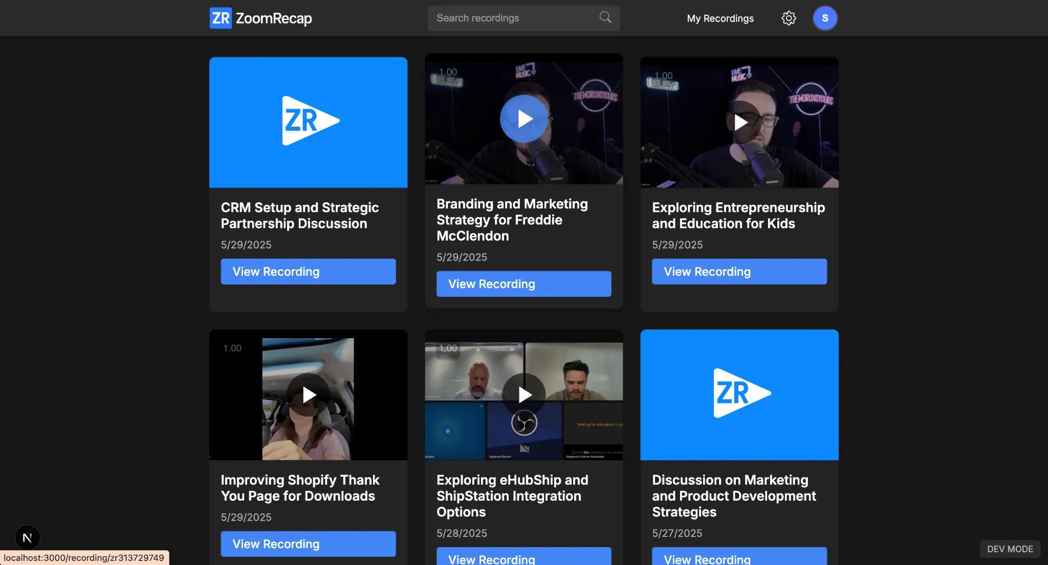 ZoomRecap Recordings Dashboard